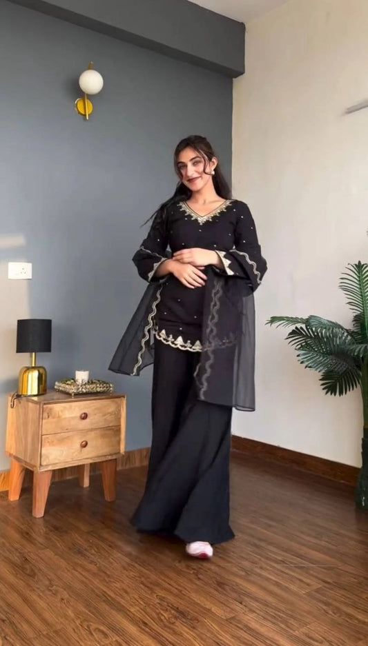 Black Designer Kurta Palazzo Set with Organza Dupatta for Women