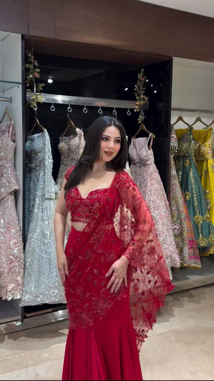 Red Ready-to-Wear Lehenga Saree Set with Sequins Embroidery – Designer Party Wear for Women