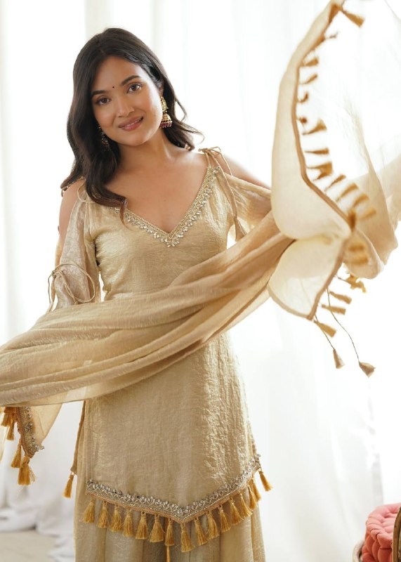Champagne Beige Mirror Work Kurta Palazzo Suit for Women