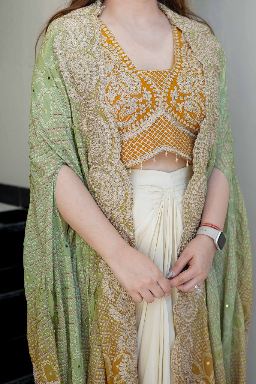 Party Wear Indo-Western Draped Saree Set with Embroidered Shrug - Western Saree Outfit for Women