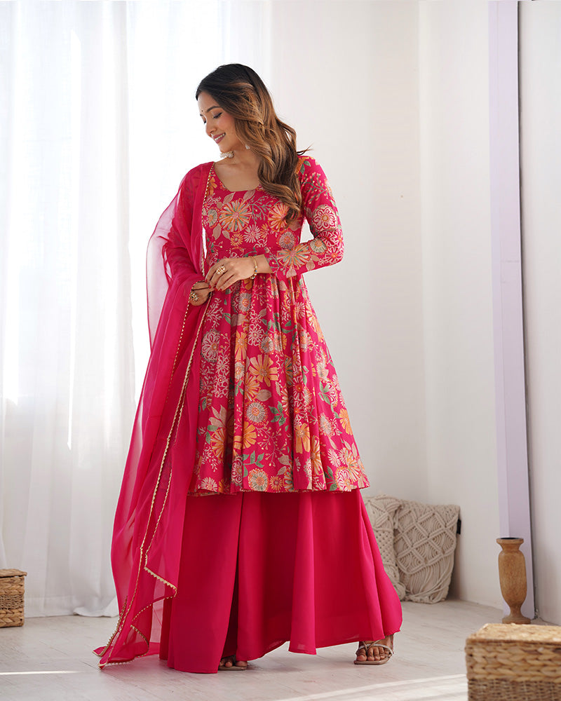 Rani Pink Color Printed Plazzo Suit