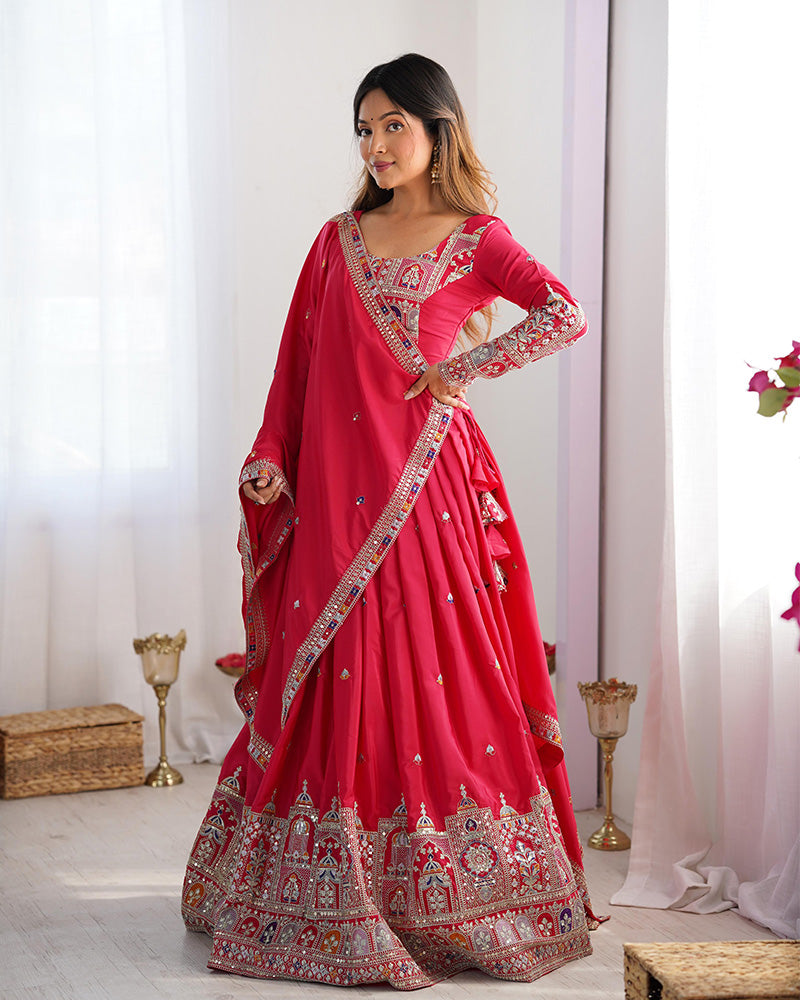 Tomato Color Natural Crepe Silk Lehenga Choli