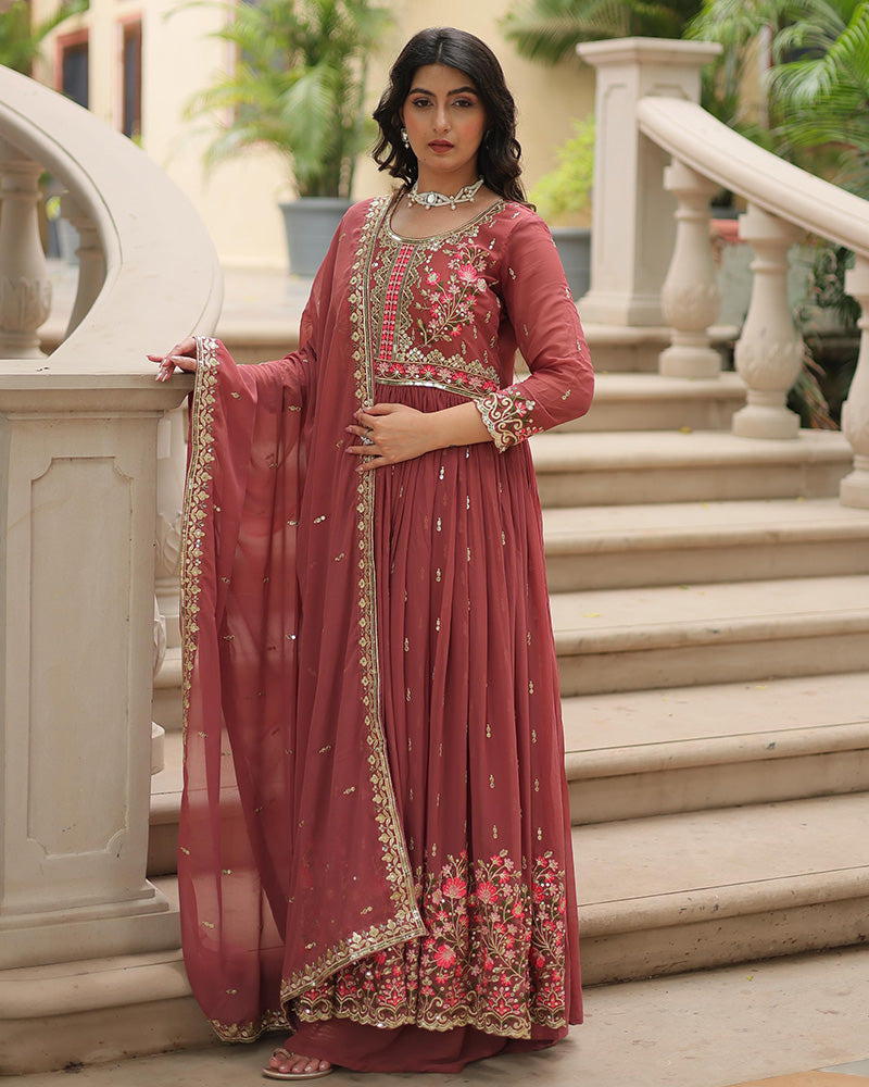 Wedding Wear Peach Color Three Piece Sharara Suit