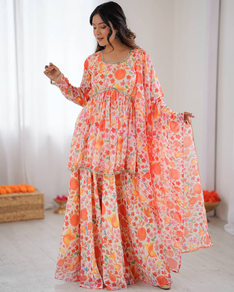Orange Color Pure Soft Organza Floral Sharara Suit