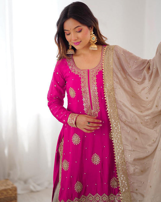 Chinon Silk Embroidered Sharara Suit