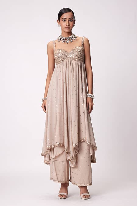 Beige Georgette Mirrors Anarkali Palazzo Suit Sets