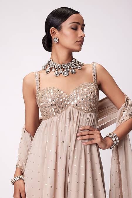 Beige Georgette Mirrors Anarkali Palazzo Suit Sets