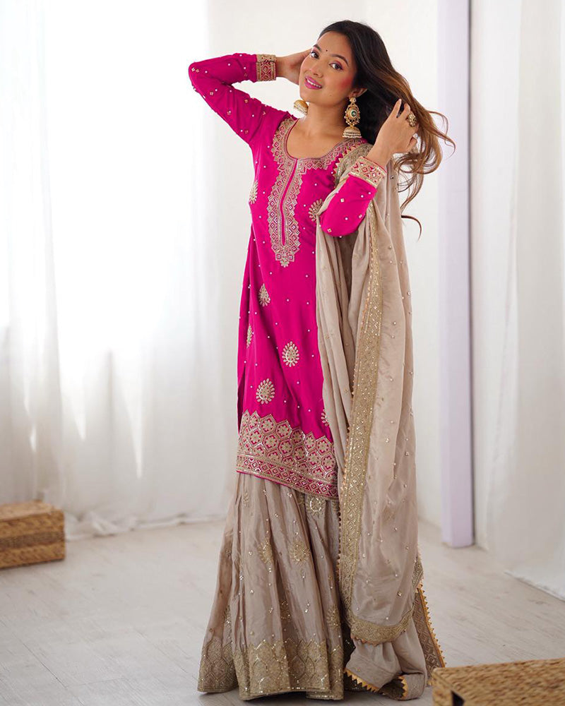 Chinon Silk Embroidered Sharara Suit