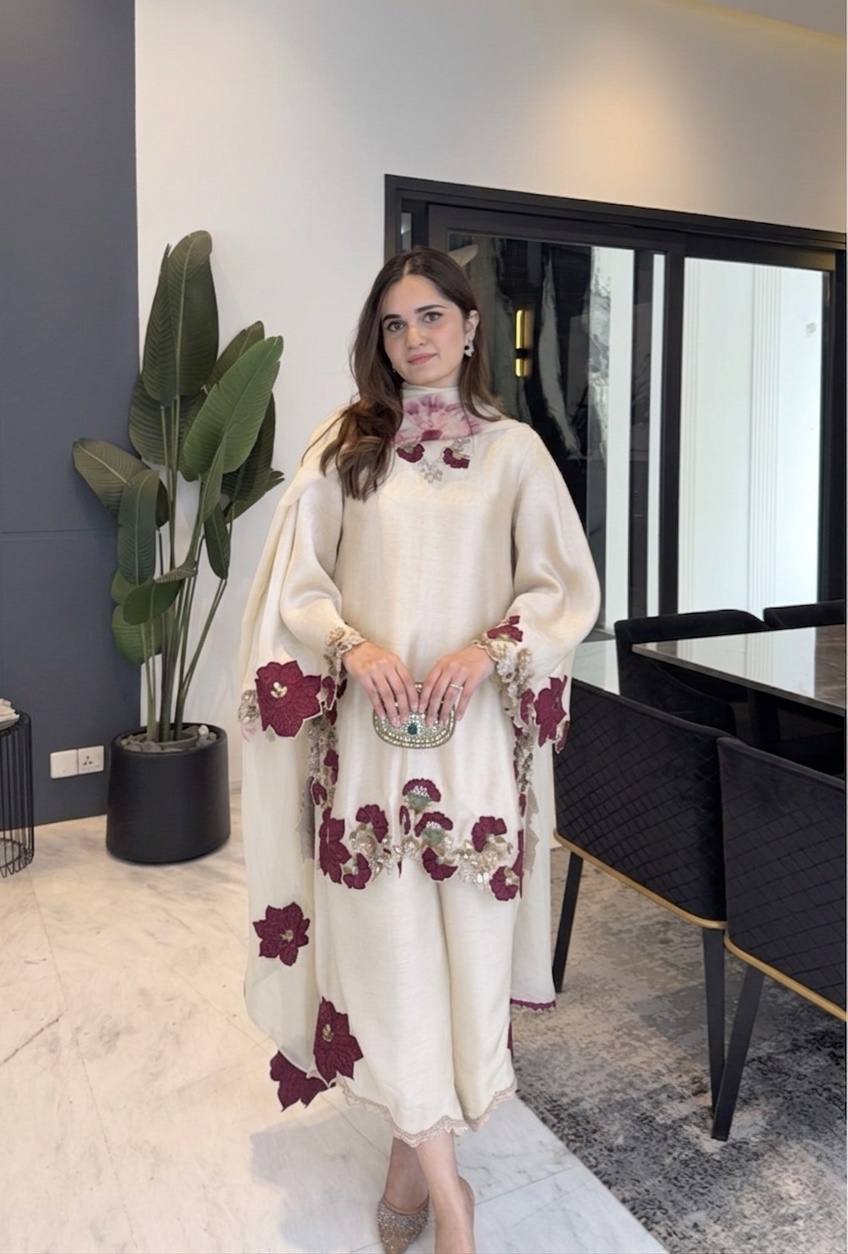 Rakhi Special Ivory Floral Embroidered Pakistani Suit Set with Dupatta | Luxury Festive Wear for Women