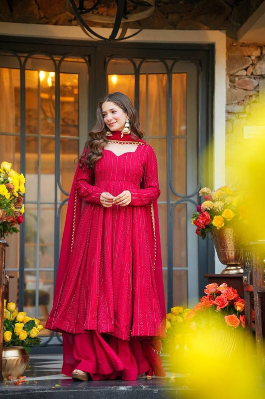 Red Sequins Anarkali Sharara Suit Set for Women | Fully Stitched Partywear Wedding Anarkali with Dupatta