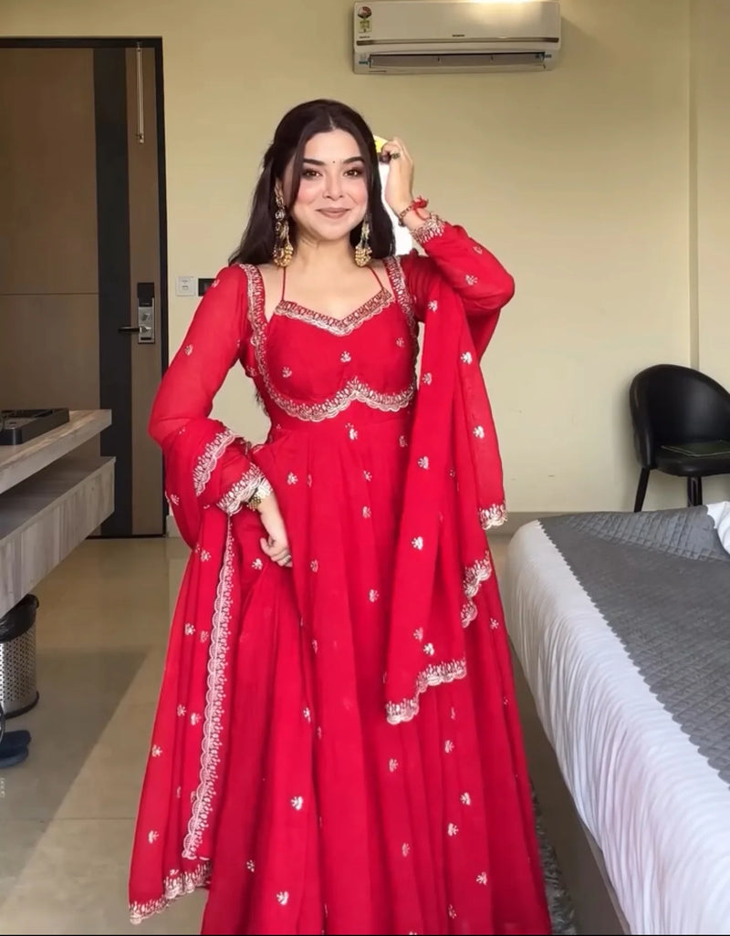 Traditional Red Chilli Slit Anarkali Premium Suit Set | Festive & Party Wear
