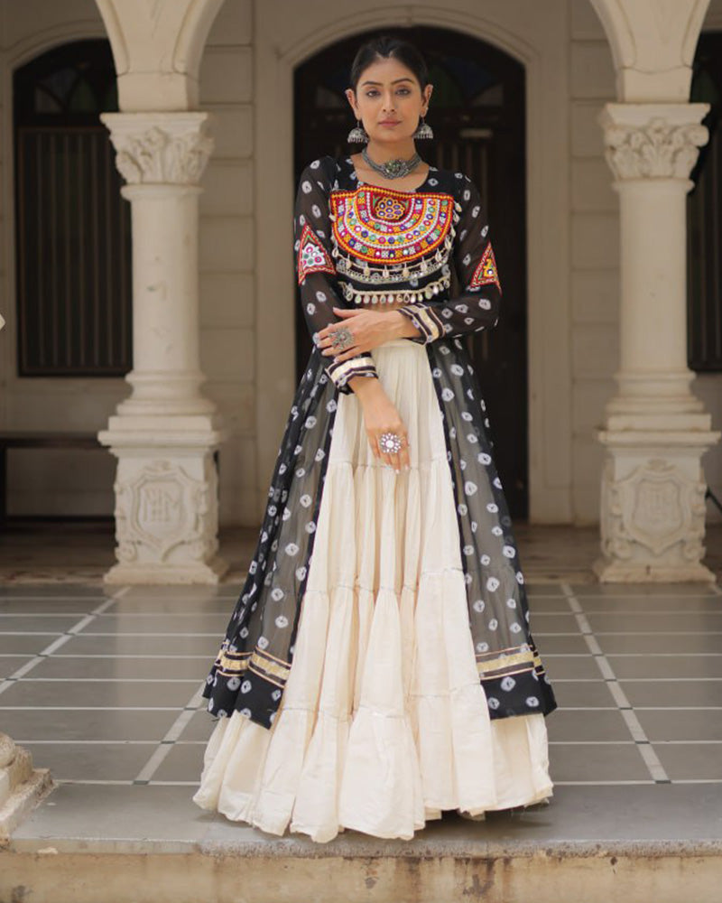 Black Bandhani Print Kurti With Kora Cotton Lehenga for Women
