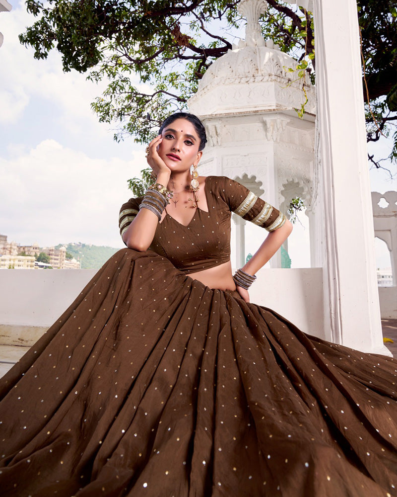 Festive Brown Pure Chanderi Lehenga Choli for Garba and Navratri