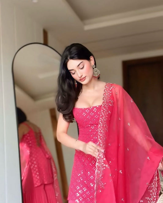 Wedding Wear Pink Georgette Sequin Embroidered Sharara Suit
