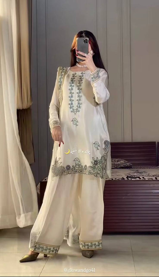 Ivory White Embroidered Farshi Salwar Suit Set with Dupatta