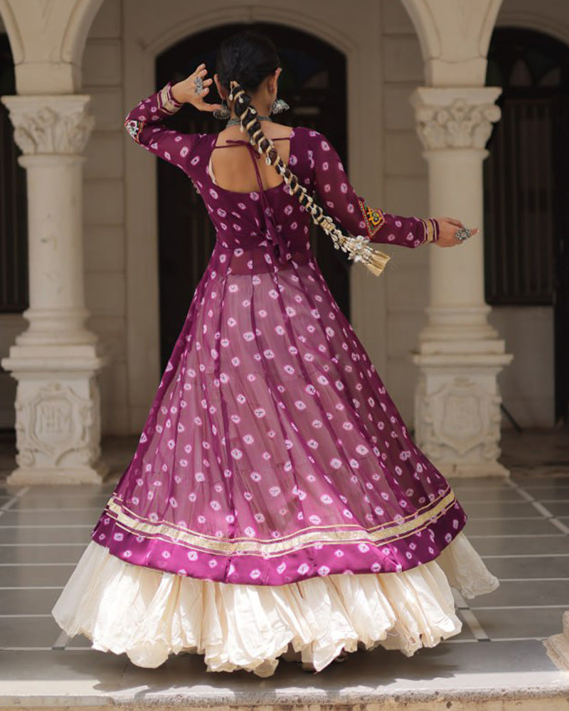 Purple Bandhani Print Kurti with Kora Cotton Lehenga for Women