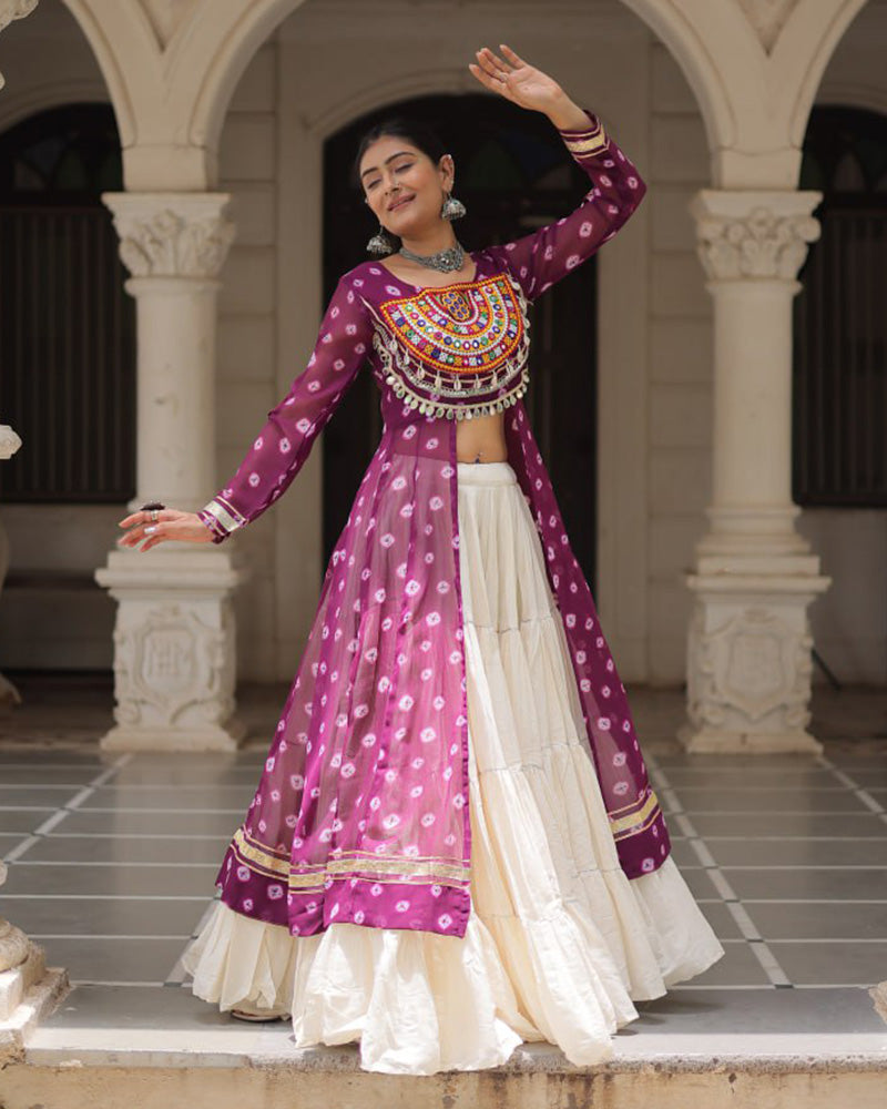 Purple Bandhani Print Kurti with Kora Cotton Lehenga for Women