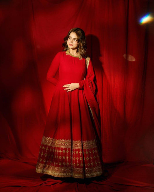 Red Vichitra Silk Anarkali Gown Set with Dupatta & Pant
