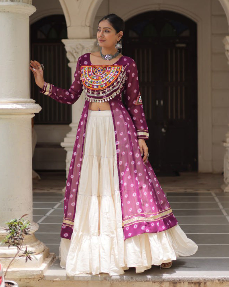 Purple Bandhani Print Kurti with Kora Cotton Lehenga for Women