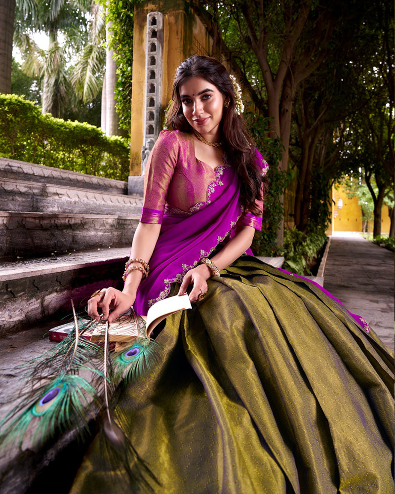 Traditional Mehndi Color Kanchipuram Zari Weaving Lehenga Choli for Wedding and Festive Wear