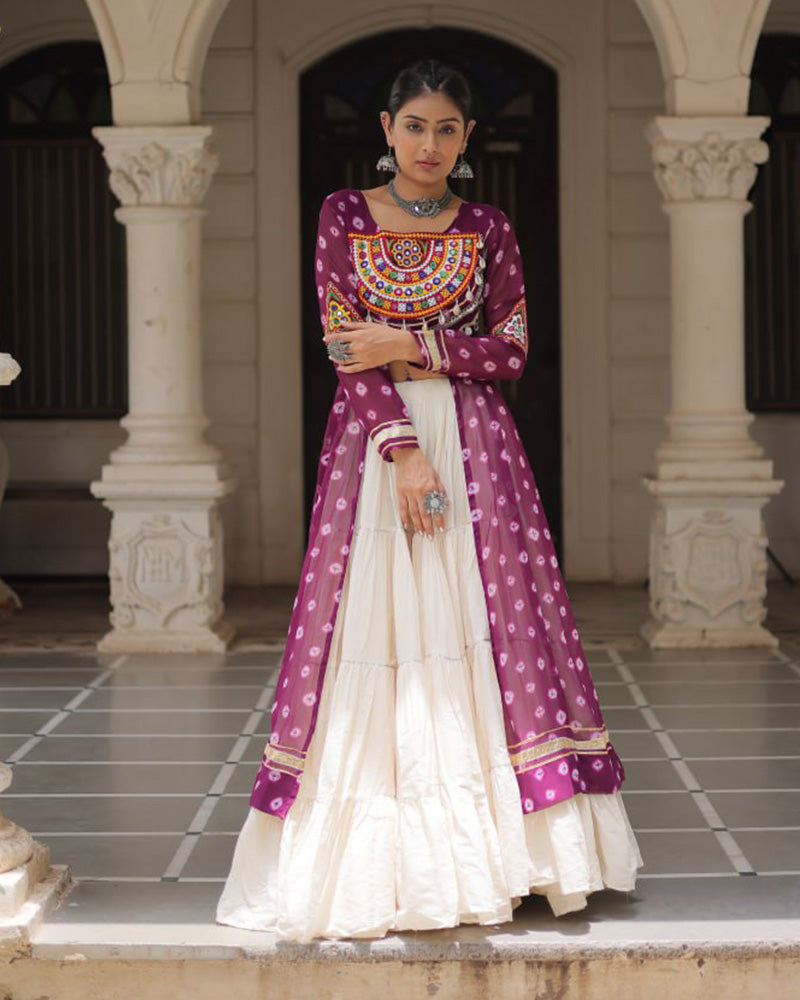 Purple Bandhani Print Kurti with Kora Cotton Lehenga for Women