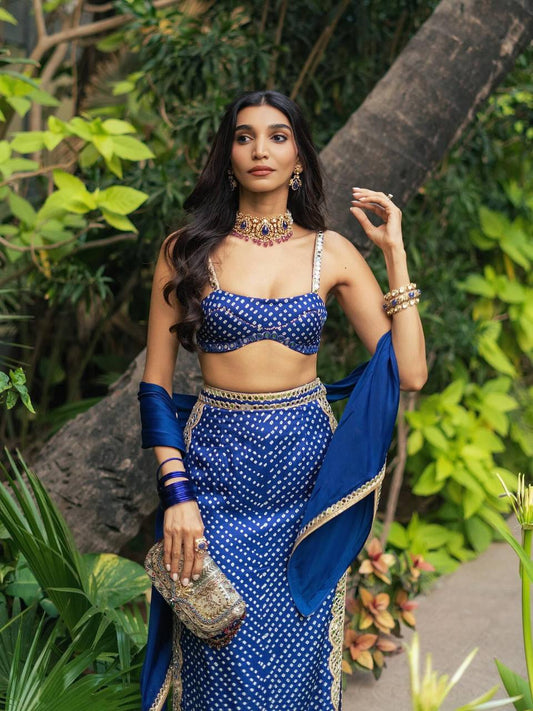 Royal Blue Bandhani Mirror Work Co-Ord Set with Dupatta for Women | Designer Indo-Western Festive Outfit