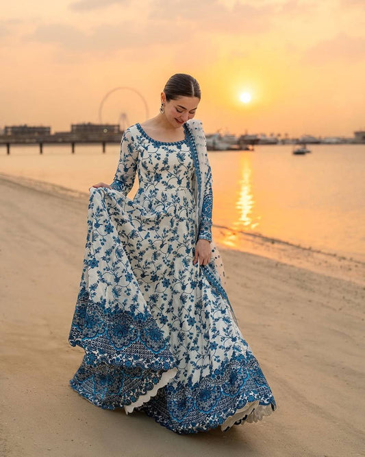 Floral Georgette Anarkali Dress with Dupatta - Embroidered Party Wear Gown for Women
