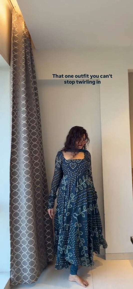 Teal Blue Printed Georgette Women's Anarkali Suit Set