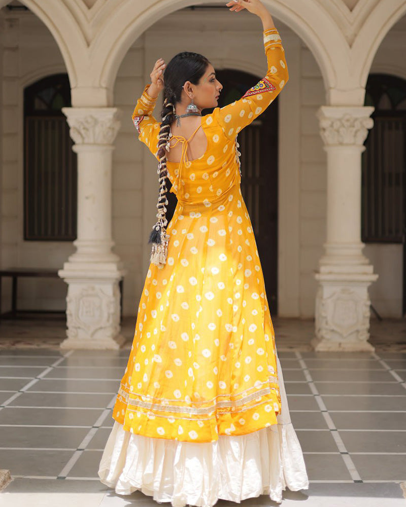 Designer Yellow Bandhani Print Kurti with Cotton Lehenga For Festive Wear