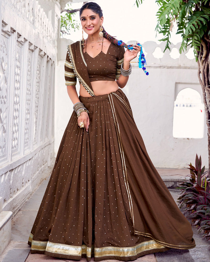 Festive Brown Pure Chanderi Lehenga Choli for Garba and Navratri