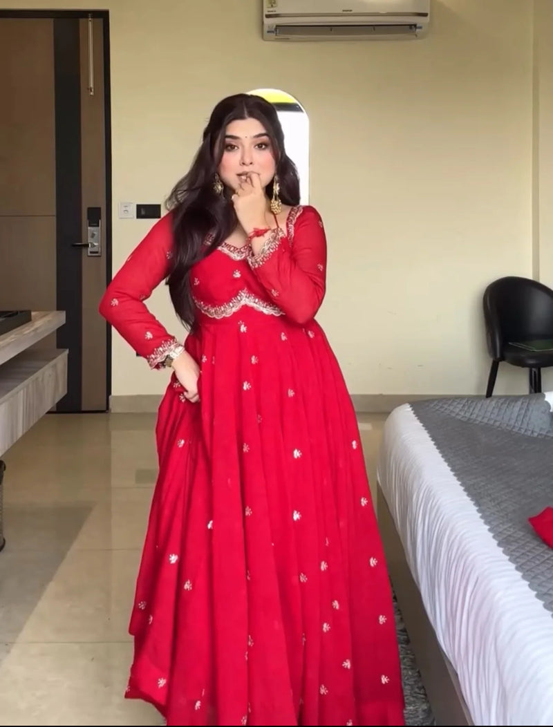 Traditional Red Chilli Slit Anarkali Premium Suit Set | Festive & Party Wear