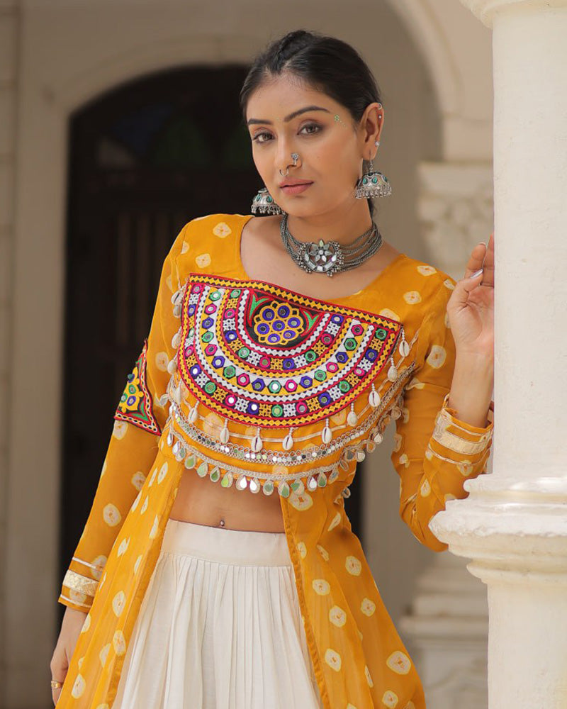 Designer Yellow Bandhani Print Kurti with Cotton Lehenga For Festive Wear