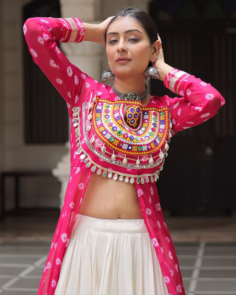 Pink Bandhani Print Kurti with Kora Cotton Lehenga for Women