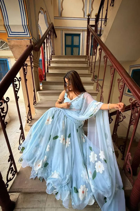 Ready-to-Wear Sky Blue Floral Ruffle Drape Lehenga Saree