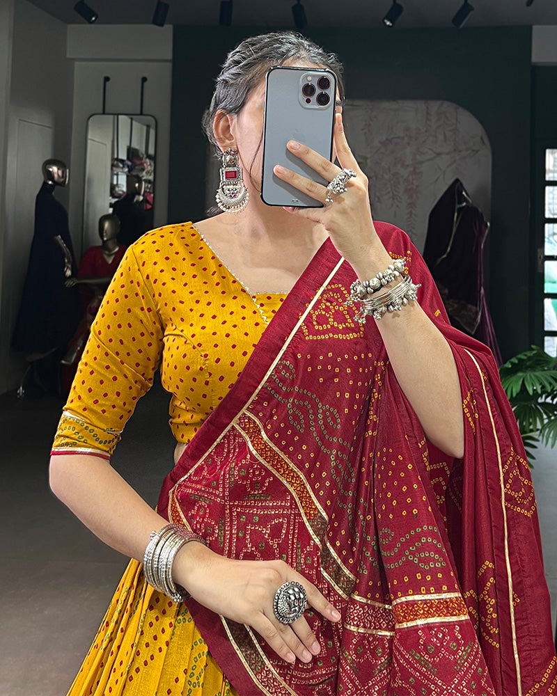 Yellow Tussar Silk Bandhej Lehenga Choli for Navratri Festival Wear