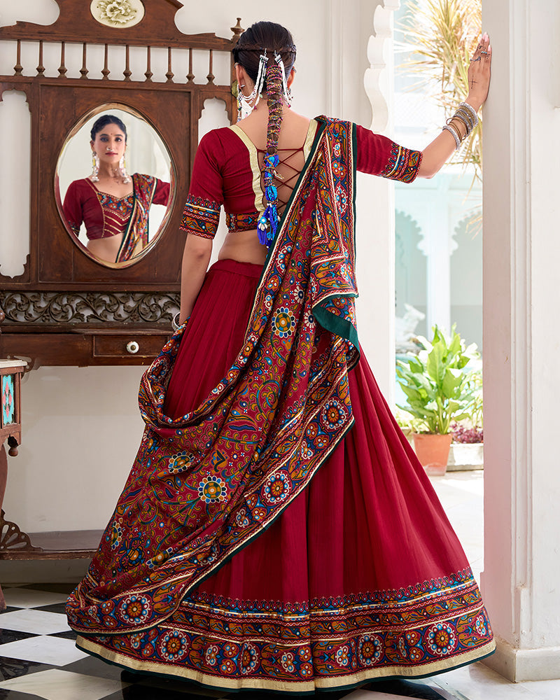 Designer Red Tussar Silk Full Stitched Lehenga Choli for Navratri Festival