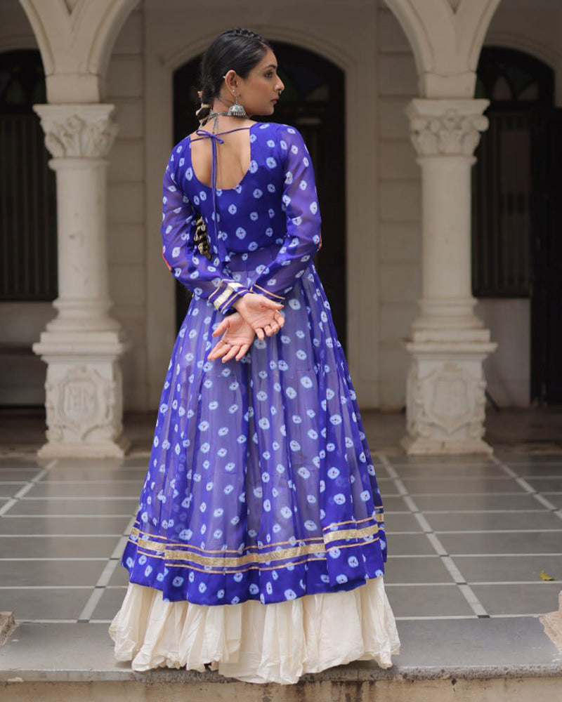 Blue Bandhani Print Kurti with Kora Cotton Lehenga for Women