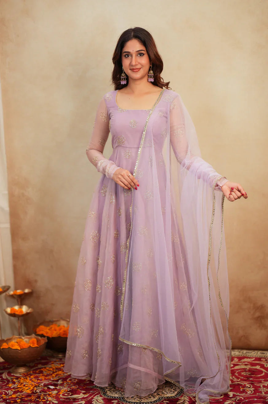 Lavender Organza Anarkali Suit with Rose Motif Embroidery & Net Dupatta