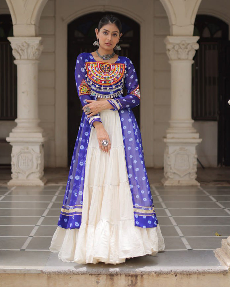 Blue Bandhani Print Kurti with Kora Cotton Lehenga for Women