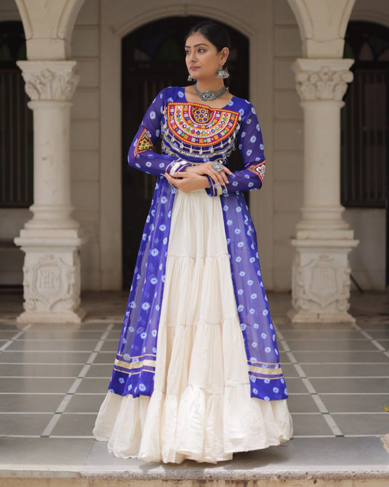 Blue Bandhani Print Kurti with Kora Cotton Lehenga for Women