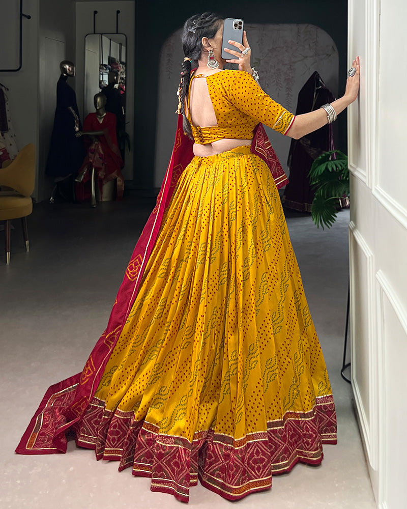 Yellow Tussar Silk Bandhej Lehenga Choli for Navratri Festival Wear