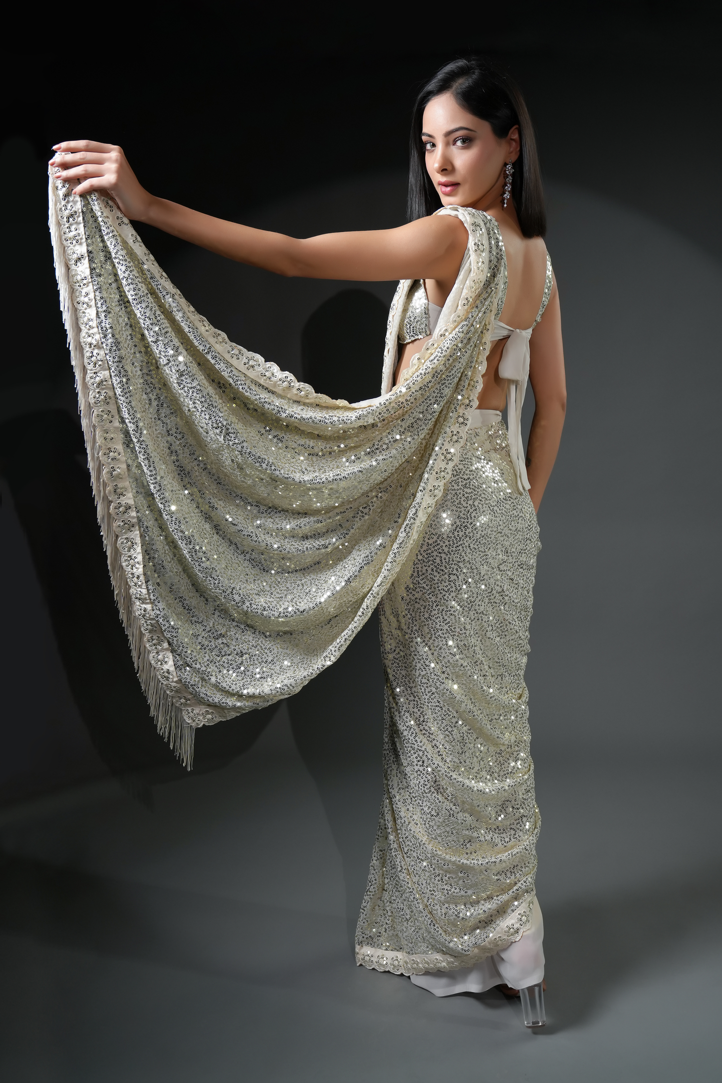 Party Wear Off White Soft Georgette Sequins Saree| Ready To Wear Saree For Wedding