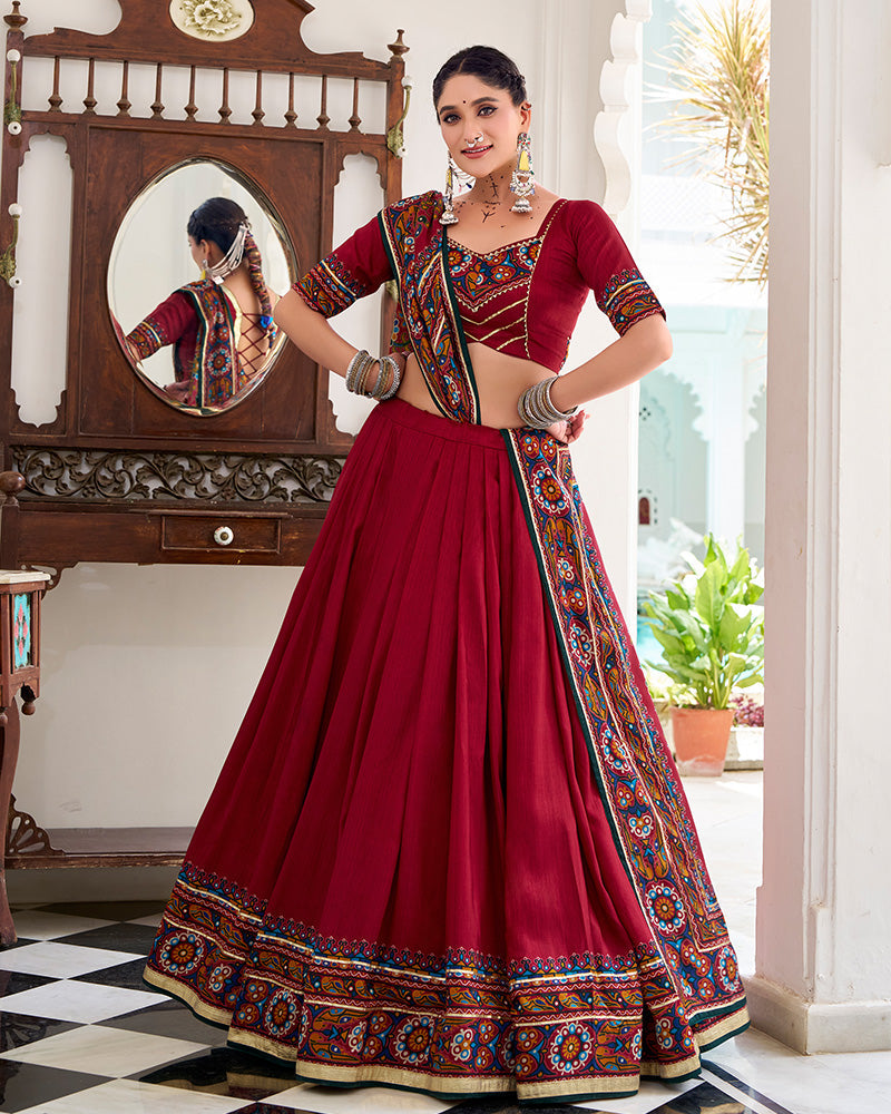 Designer Red Tussar Silk Full Stitched Lehenga Choli for Navratri Festival
