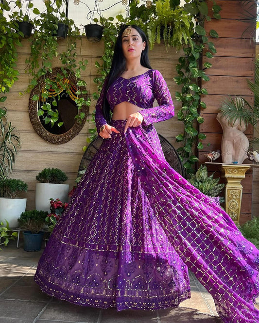 Magnificent Purple Heavy Sequins Embroidered Georgette Lehenga Choli - Ethnicwish