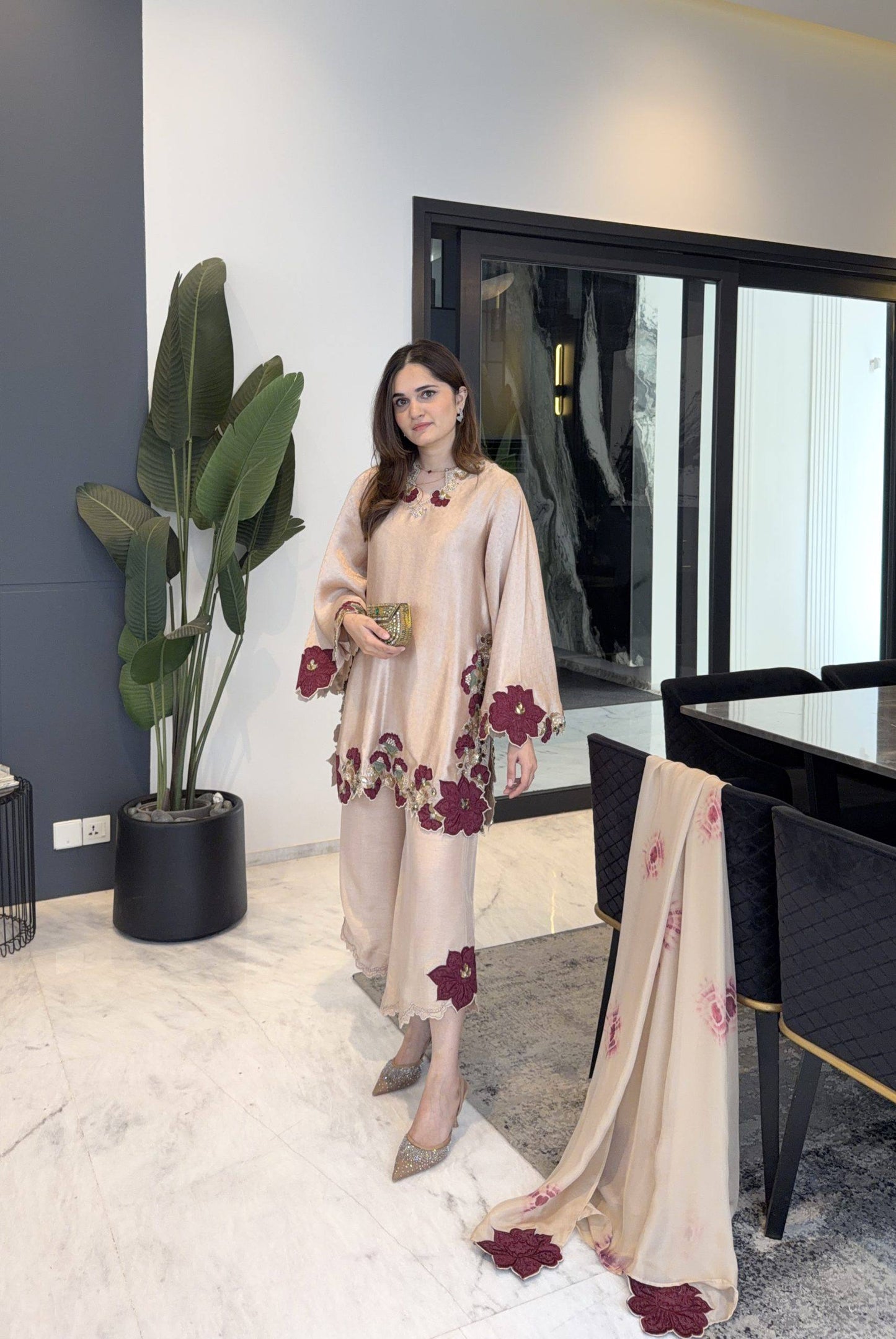 Beige Floral Embroidered Pakistani Suit Set with Dupatta for Women