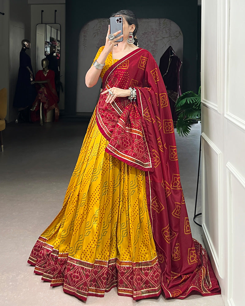 Yellow Tussar Silk Bandhej Lehenga Choli for Navratri Festival Wear