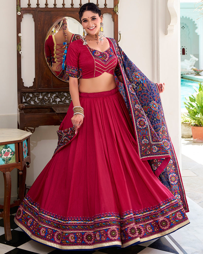 Festive Pink Tussar Silk Full Stitched Lehenga Choli for Garba and Navratri