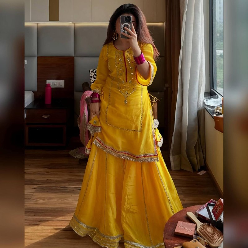 Sunshine Yellow Readymade Sharara Suit Set with Pink Dupatta – Mirror Work Festive Wear for Women