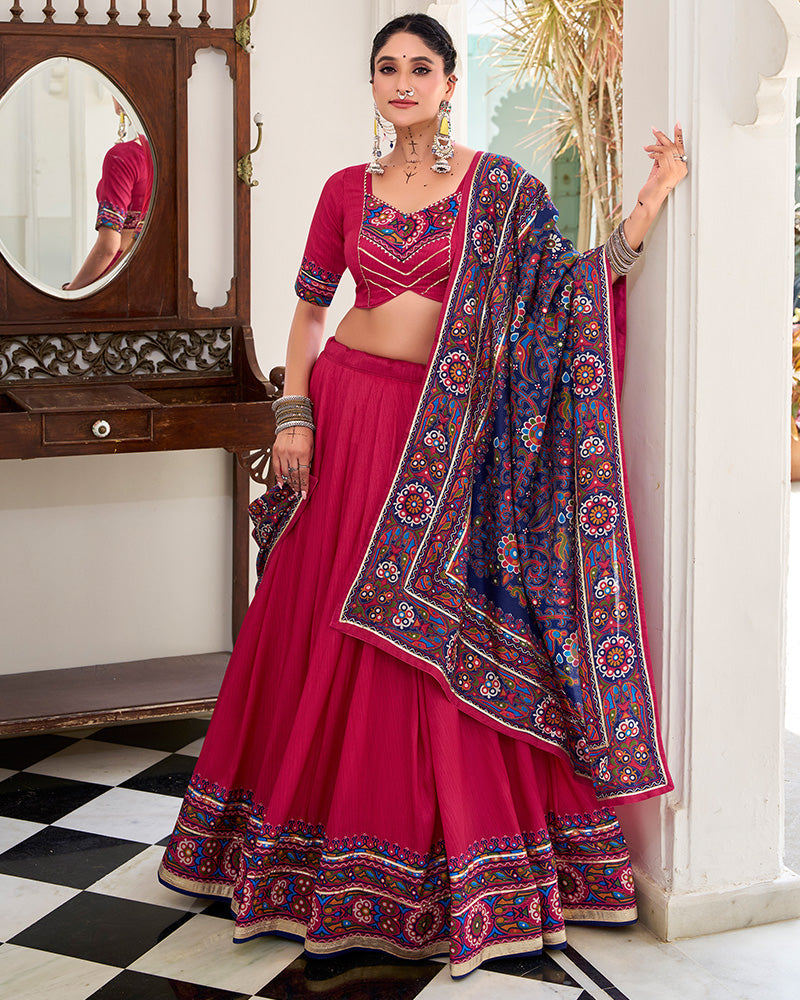 Festive Pink Tussar Silk Full Stitched Lehenga Choli for Garba and Navratri