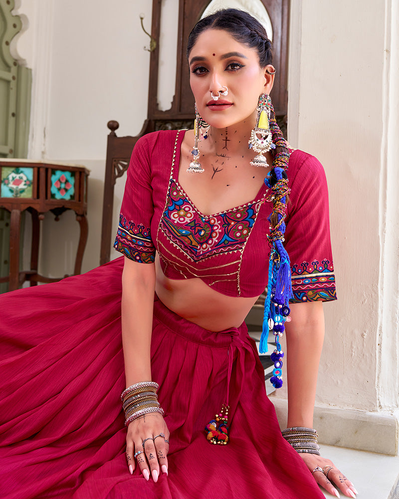 Festive Pink Tussar Silk Full Stitched Lehenga Choli for Garba and Navratri